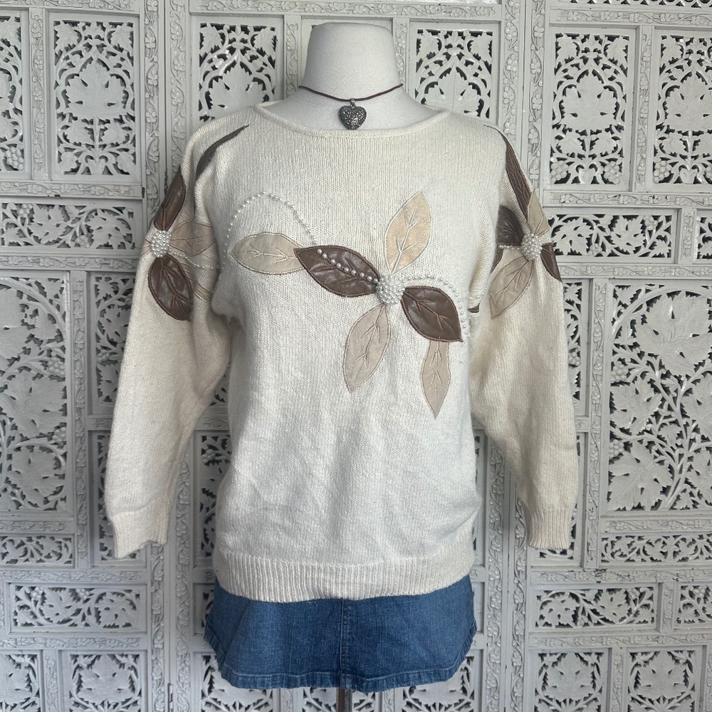 Vintage Private Party Silk Angora Wool‎ Blend Floral Pearl Sweater Sz Small